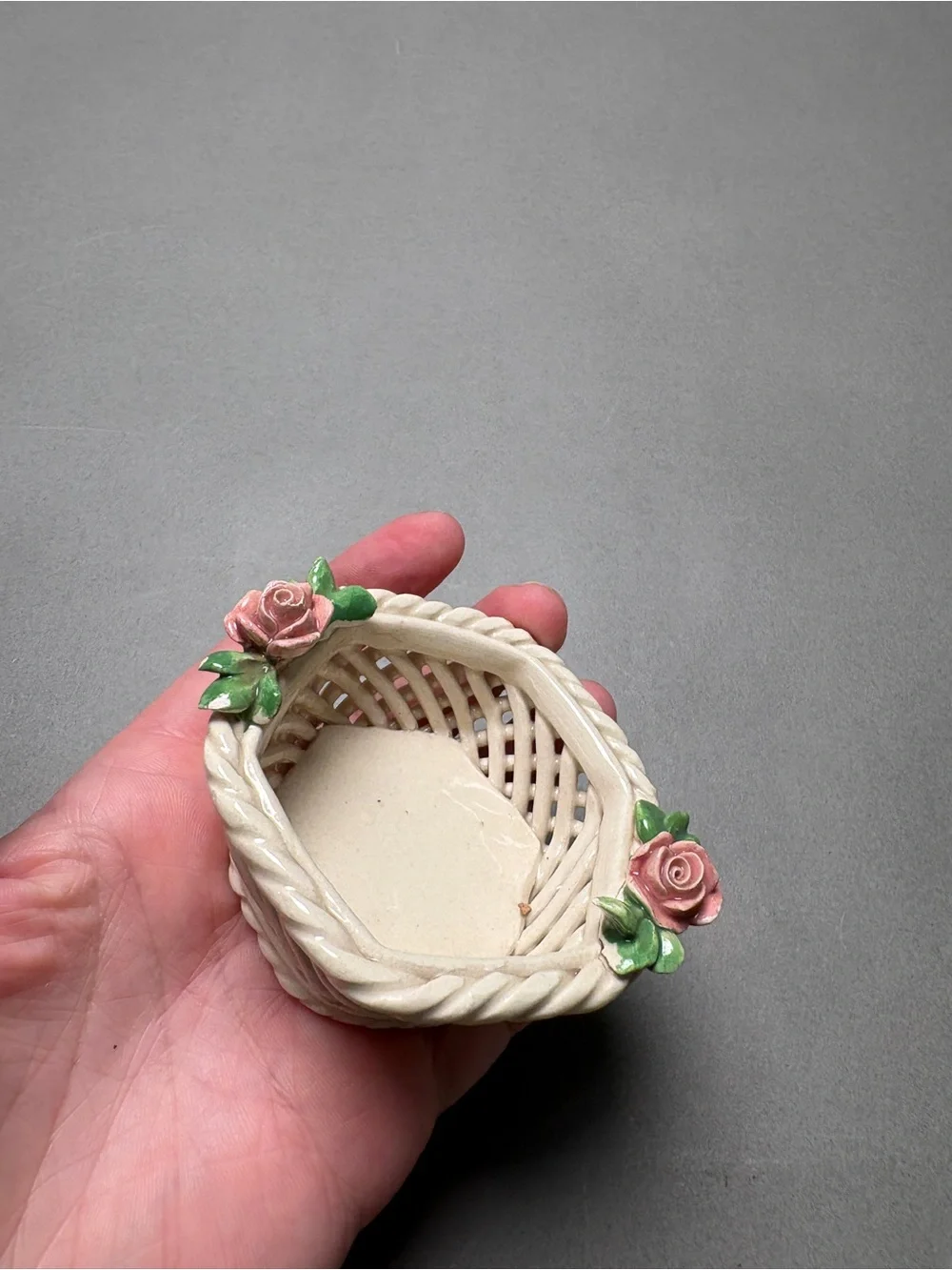 Cottagecore Handmade Italy Ceramic Rose Basket Pair Ring Dish Trinket Dish